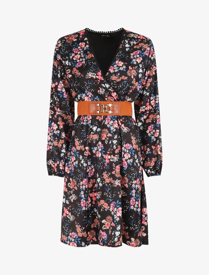 Robe satinée fleuri col cache-coeur - Noir