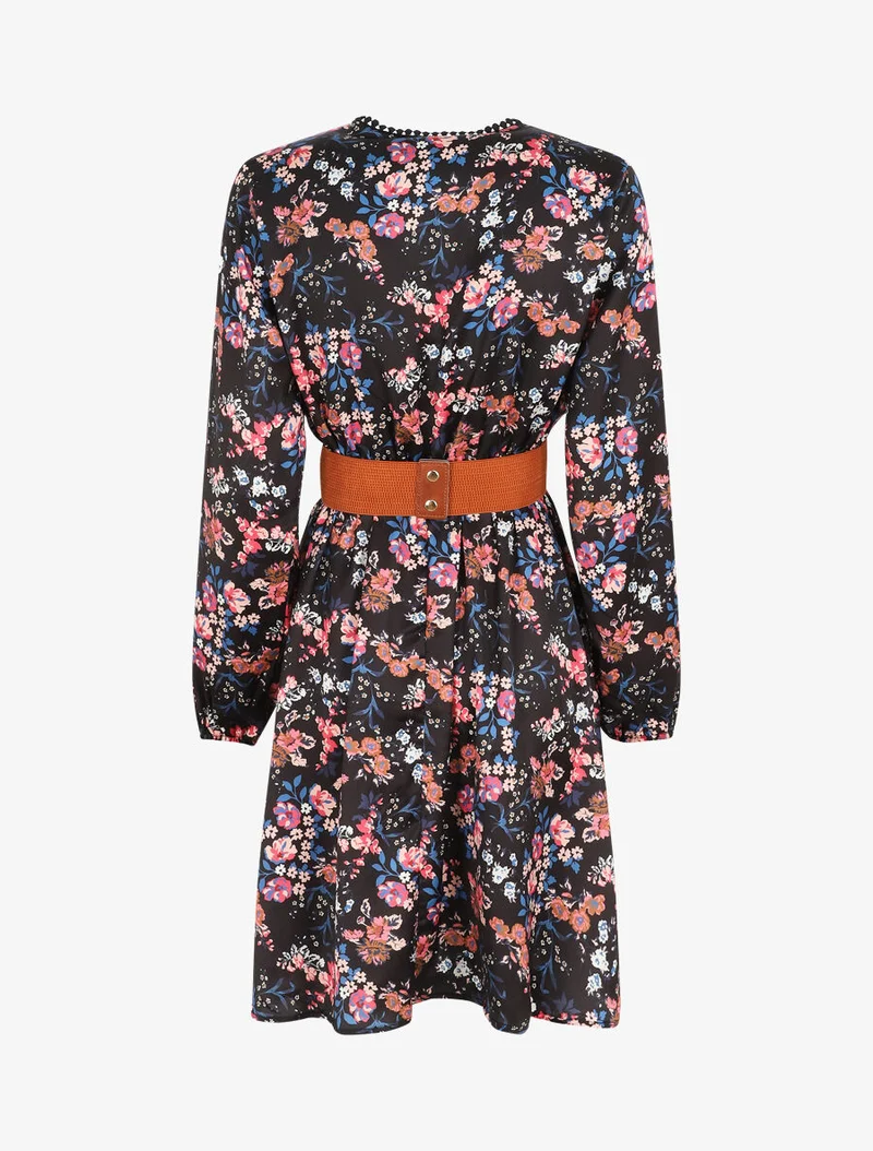 Robe satinée fleuri col cache-coeur - Noir