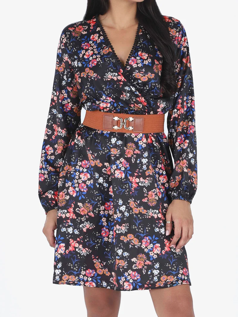 Robe satinée fleuri col cache-coeur - Noir
