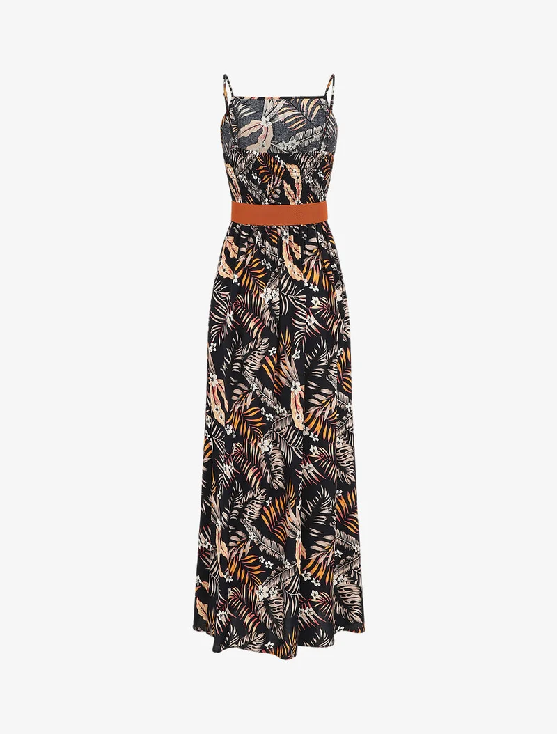 Robe longue droite à imprimé feuillage - Bleu nuit
