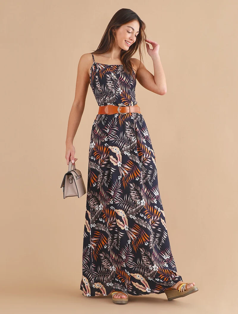 Robe longue droite à imprimé feuillage - Bleu nuit