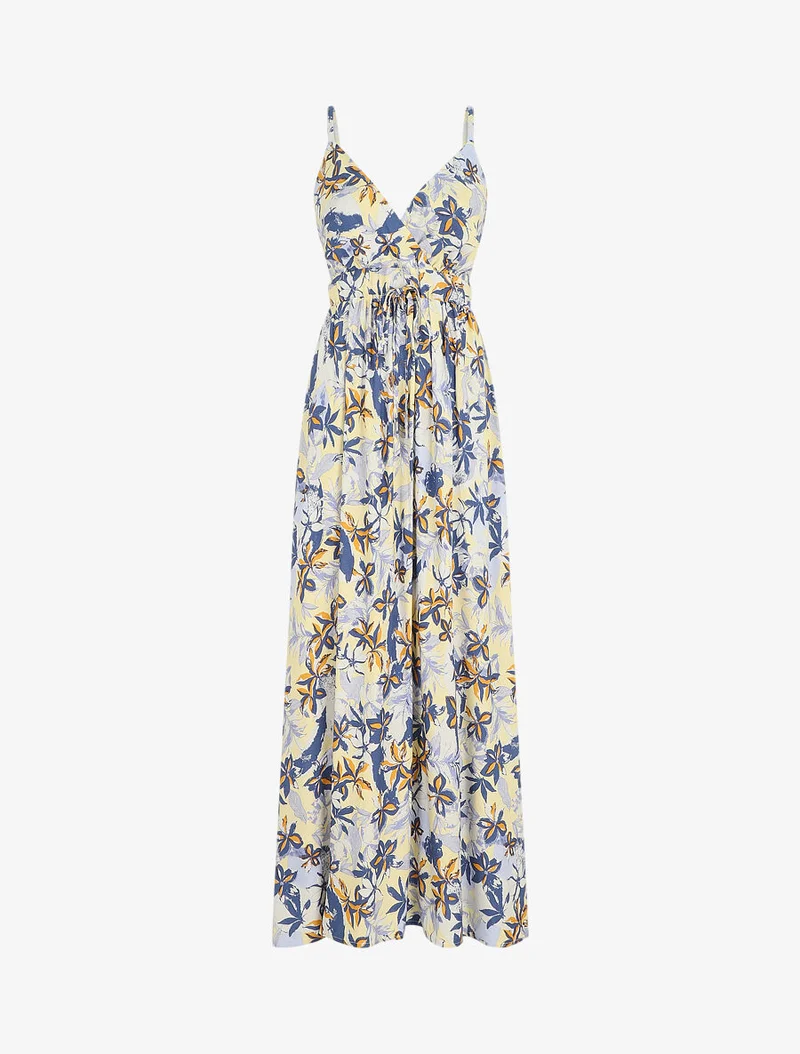 Robe longue empire à imprimé fleurs - Bleu