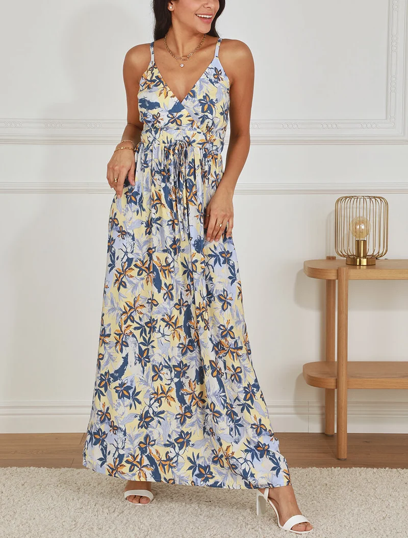 Robe longue empire à imprimé fleurs - Bleu