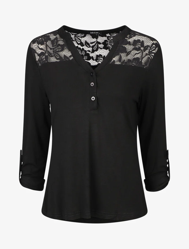 Top uni manches longues et dentelle - Noir