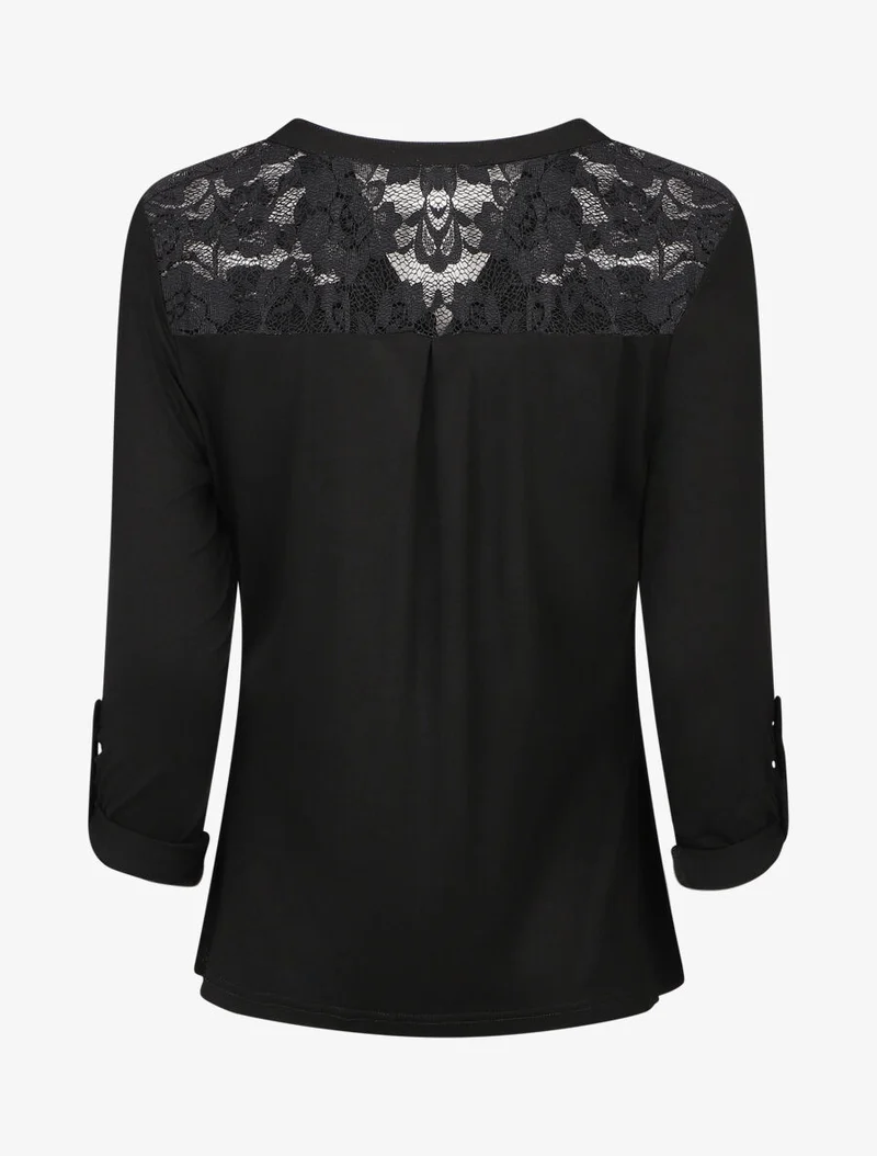 Top uni manches longues et dentelle - Noir