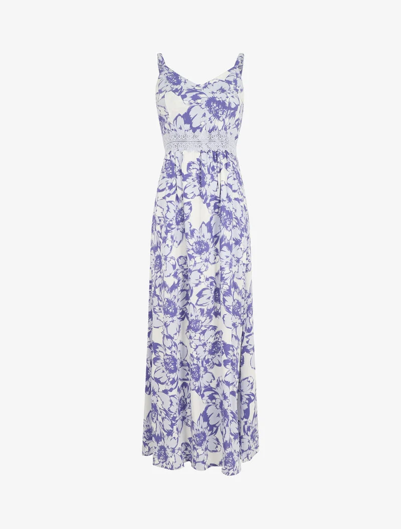 Robe longue imprimé fleurs et dentelle - Violet