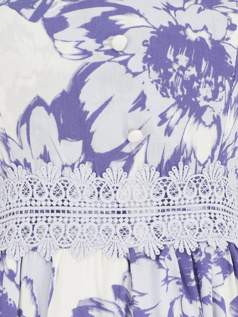Robe longue imprimé fleurs et dentelle - Violet