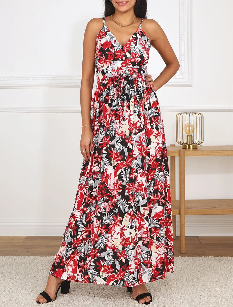 Robe longue empire à imprimé fleurs - Noir