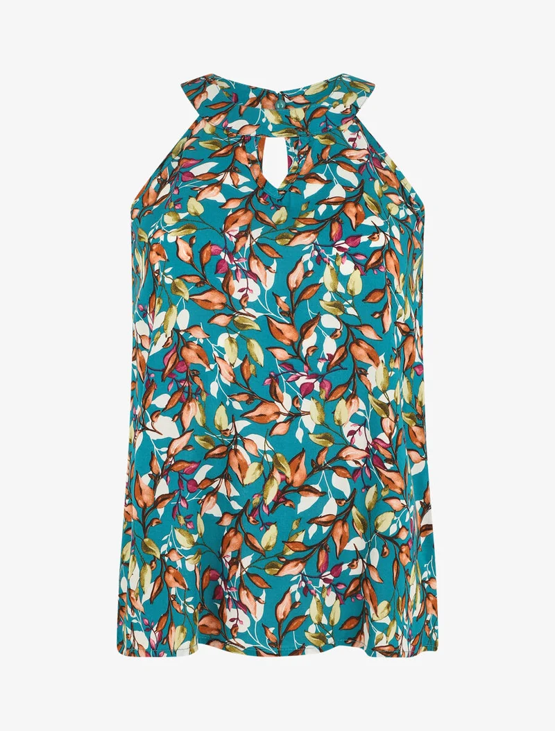 Top imprimé feuilles à col américain - Bleu canard