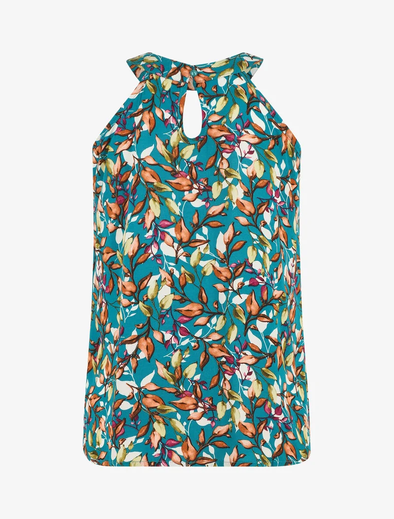 Top imprimé feuilles à col américain - Bleu canard