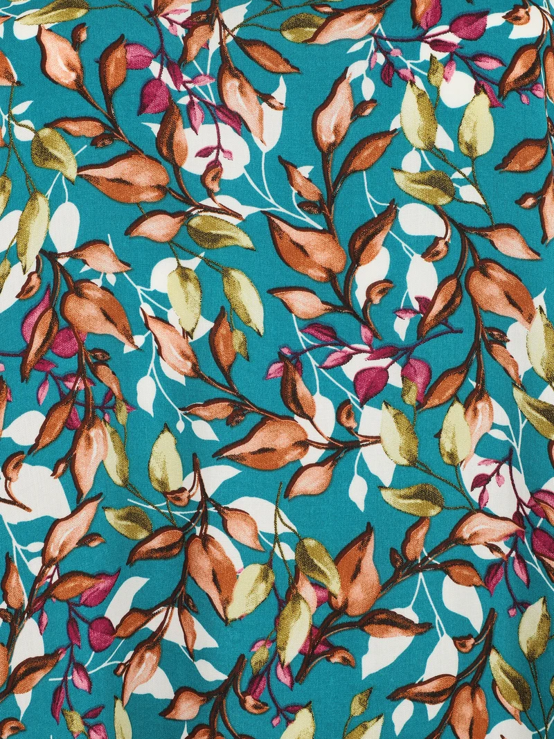 Top imprimé feuilles à col américain - Bleu canard