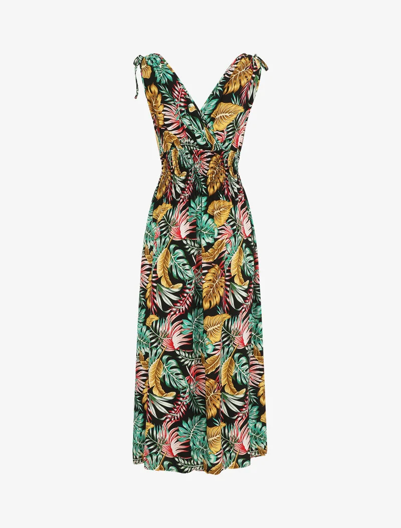 Robe longue élastiquée à imprimé feuilles - Noir