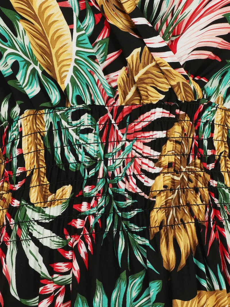 Robe longue élastiquée à imprimé feuilles - Noir