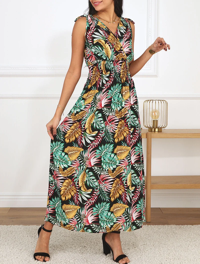 Robe longue élastiquée à imprimé feuilles - Noir
