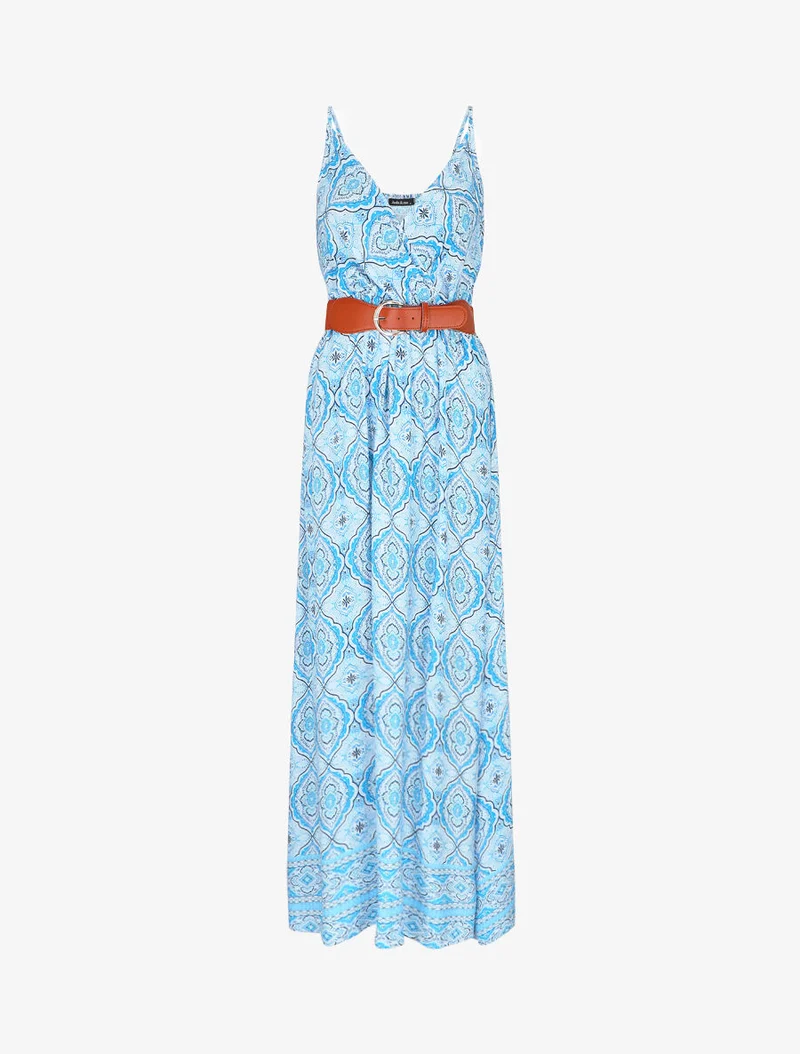 Robe longue empire à imprimé foulard - Bleu