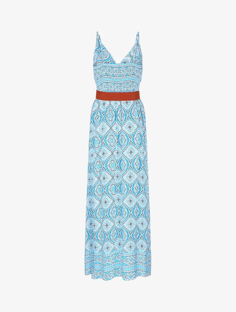 Robe longue empire à imprimé foulard - Bleu