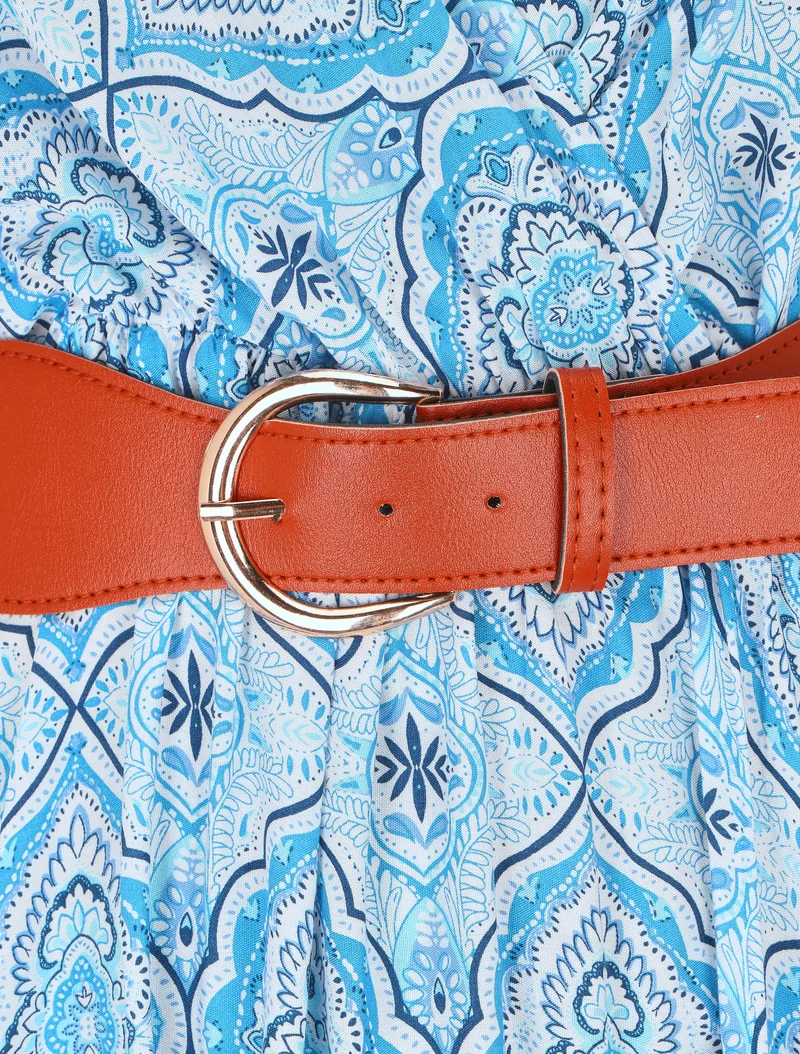 Robe longue empire à imprimé foulard - Bleu