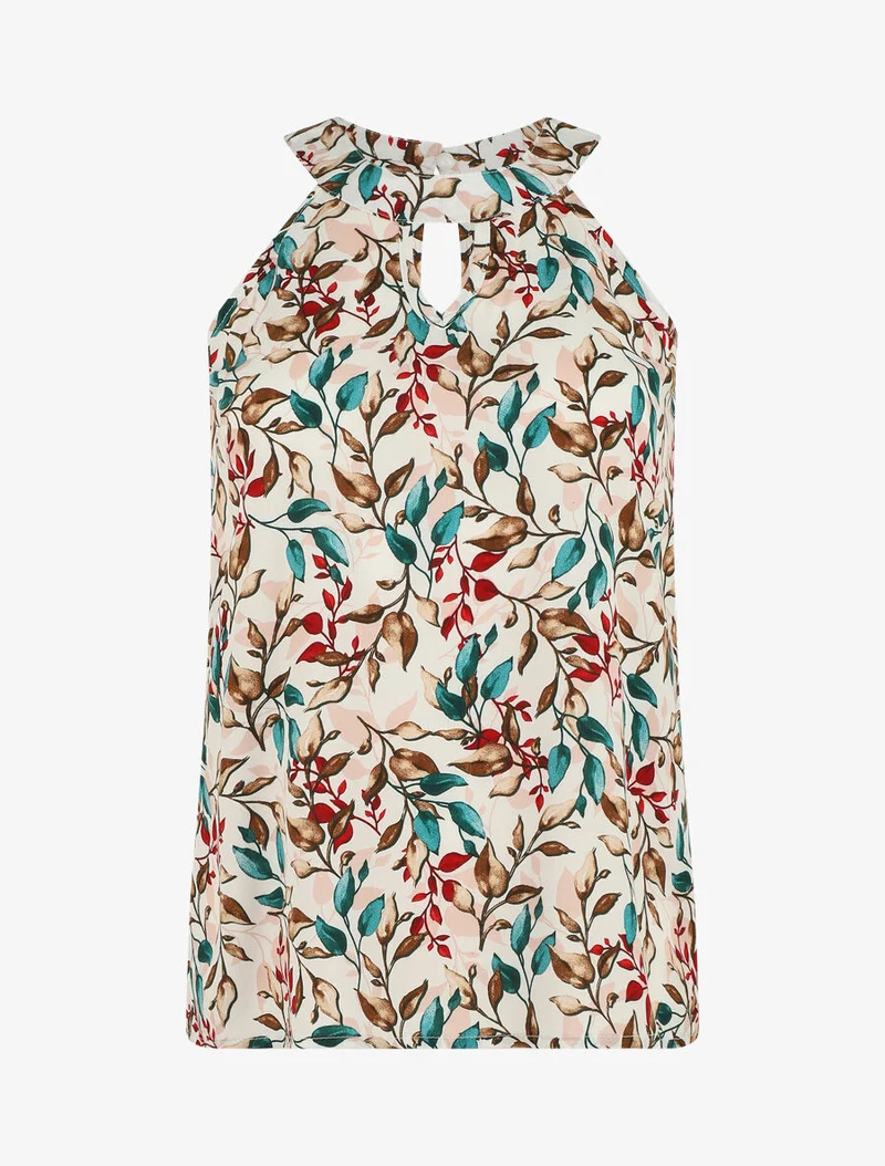 Top imprimé feuilles à col américain - Blanc