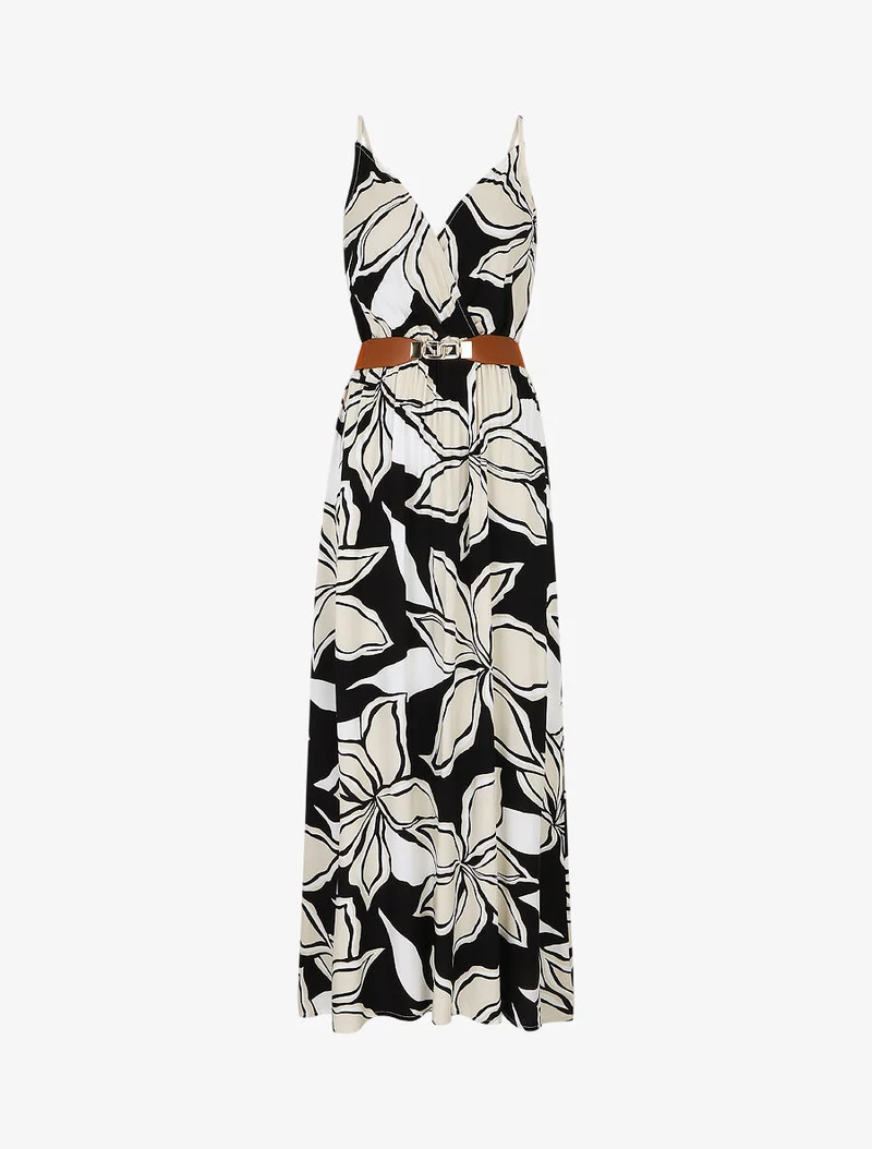 Robe longue à imprimé grandes fleurs - Noir
