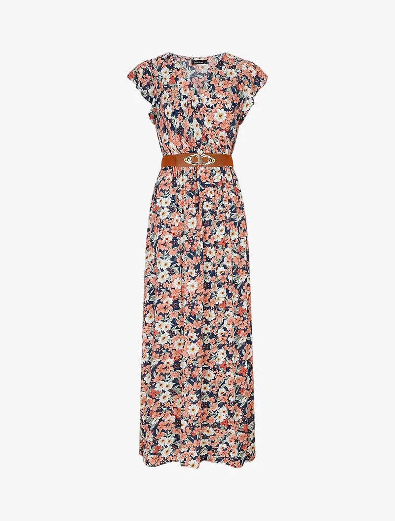 Robe longue imprimé fleuri à manches volantées - Marine