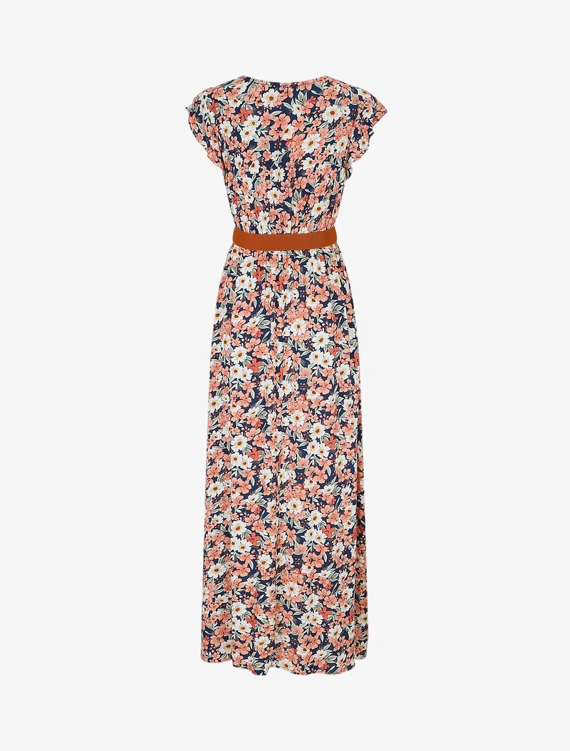 Robe longue imprimé fleuri à manches volantées - Marine