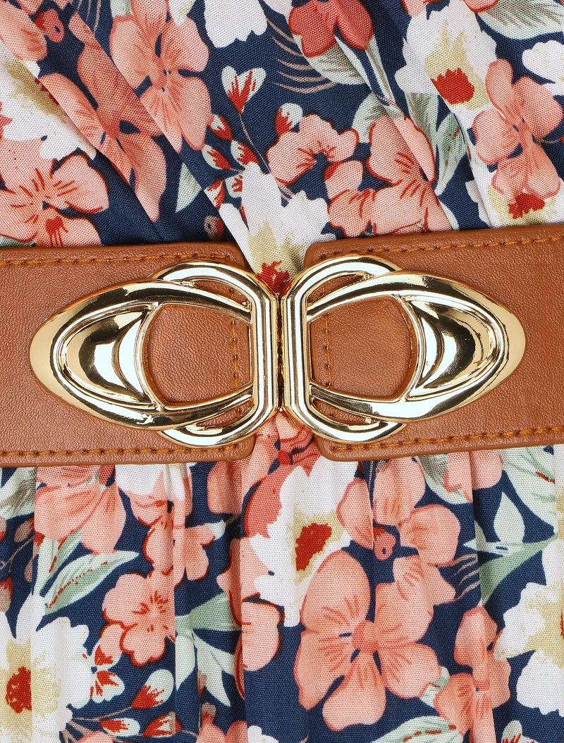Robe longue imprimé fleuri à manches volantées - Marine
