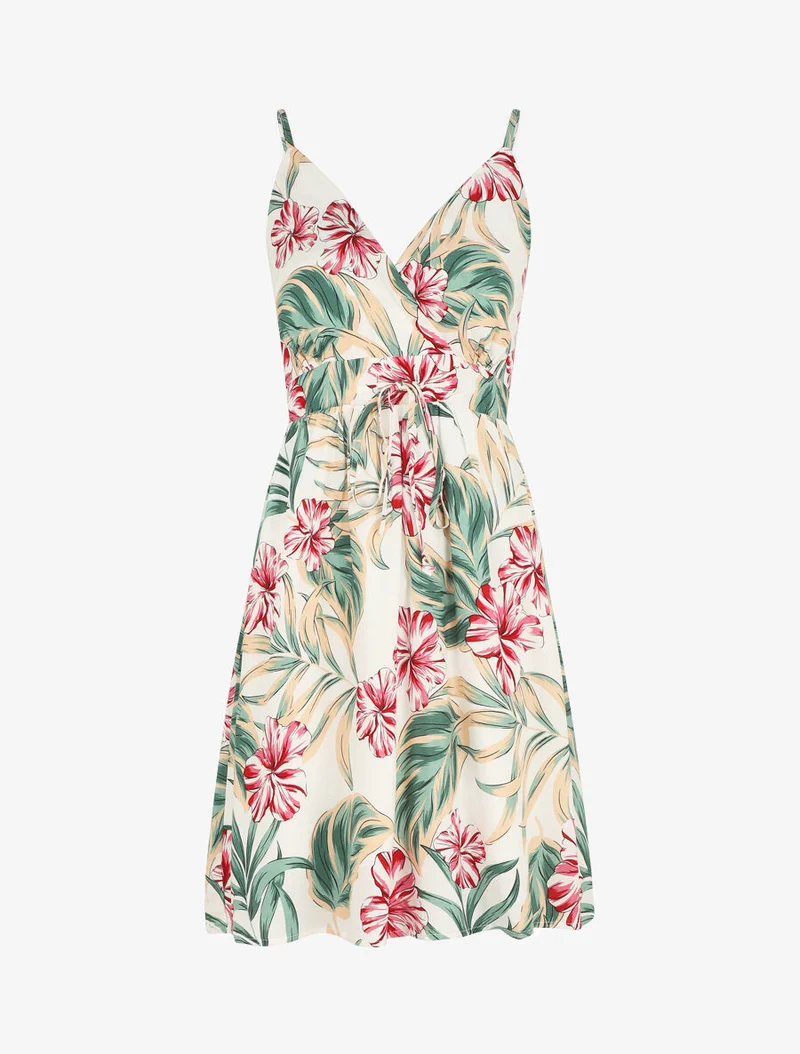 Robe mi-longue imprimé feuilles - Blanc