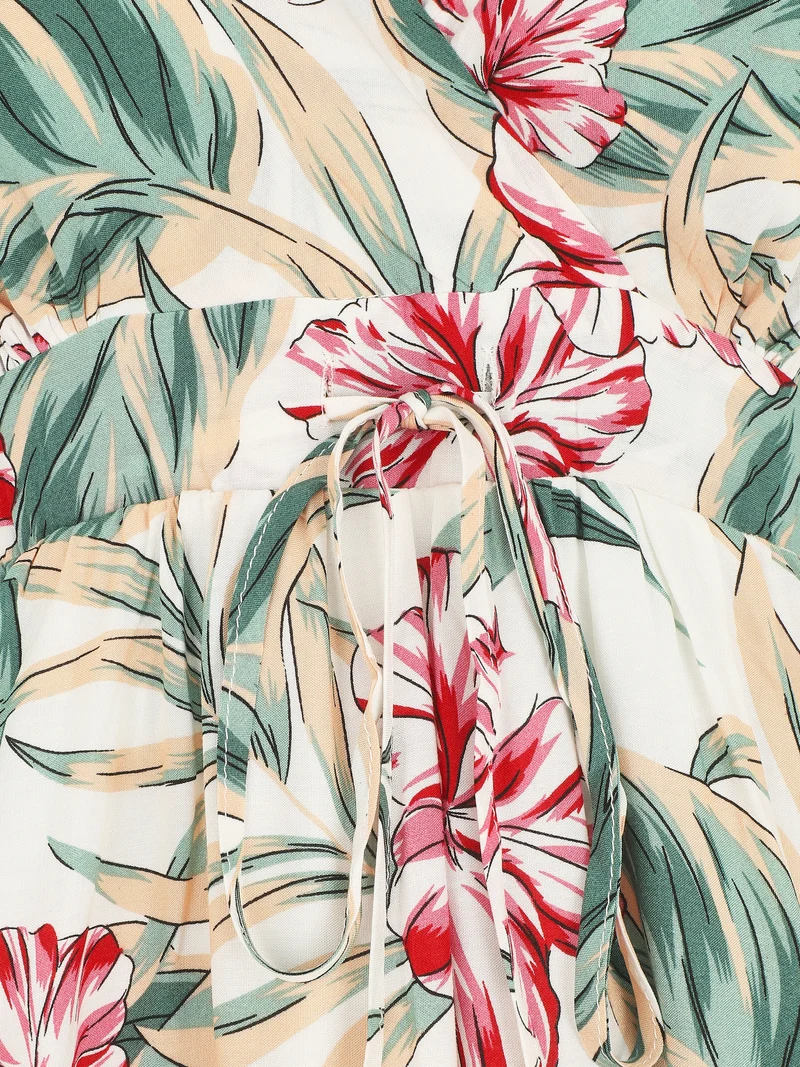 Robe mi-longue imprimé feuilles - Blanc