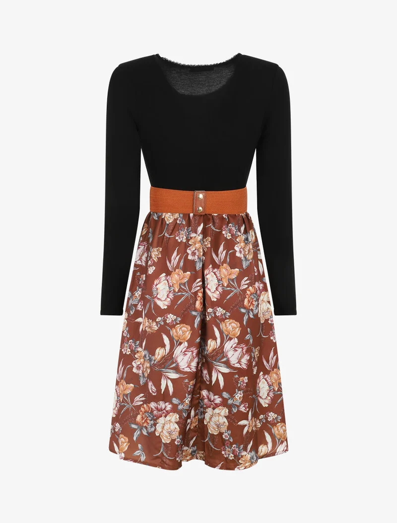 Robe bicolore à imprimé floral - Marron
