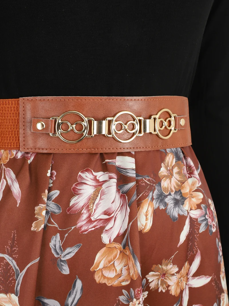 Robe bicolore à imprimé floral - Marron