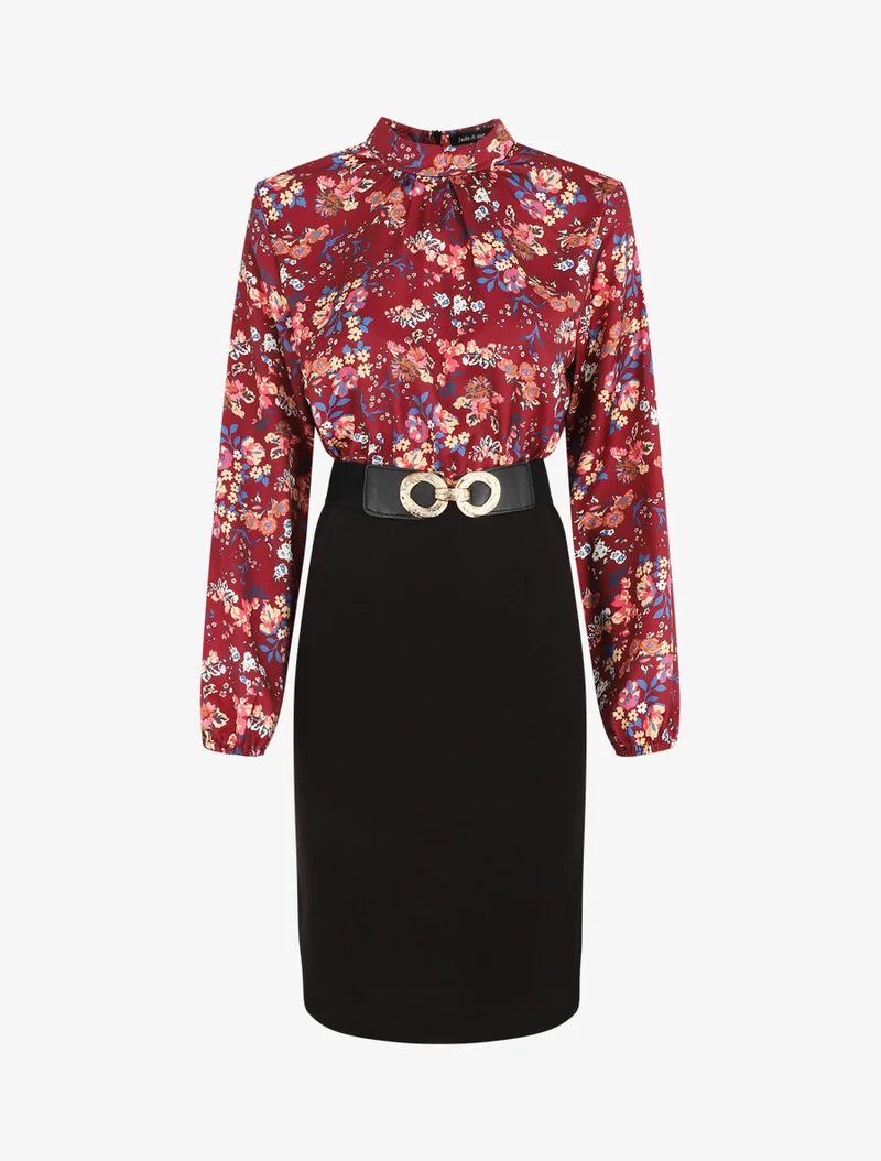 Robe satinée imprimé fleuri - Bordeaux