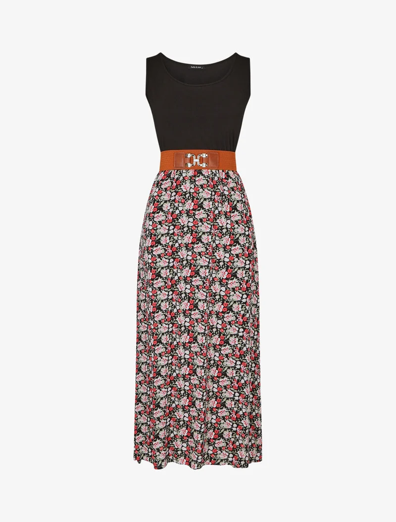Robe bicolore à imprimé petites fleurs - Noir