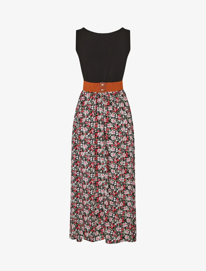 Robe bicolore à imprimé petites fleurs - Noir