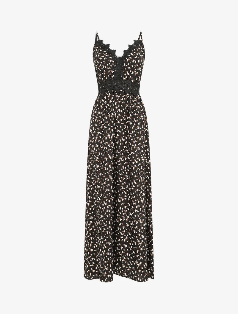 Robe longue à col dentelle et imprimé fleurs - Noir