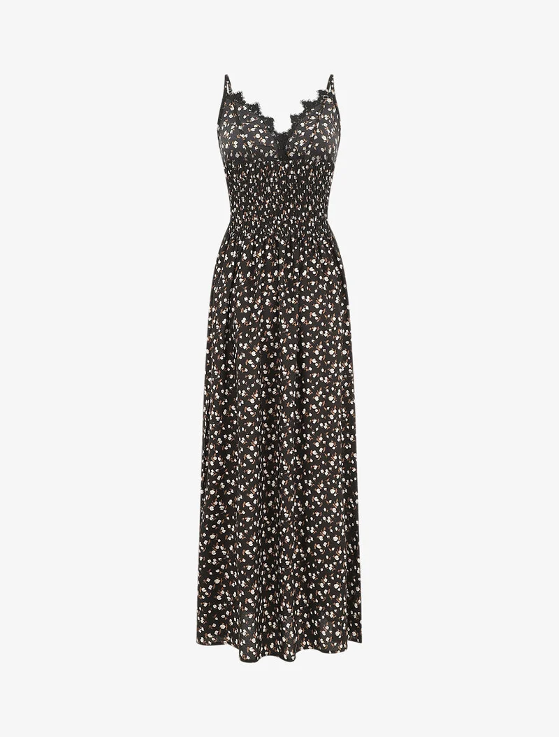 Robe longue à col dentelle et imprimé fleurs - Noir