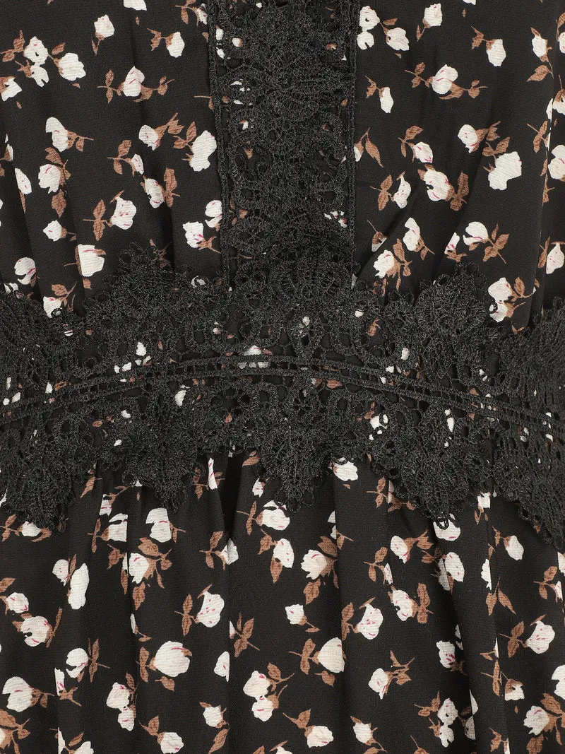 Robe longue à col dentelle et imprimé fleurs - Noir