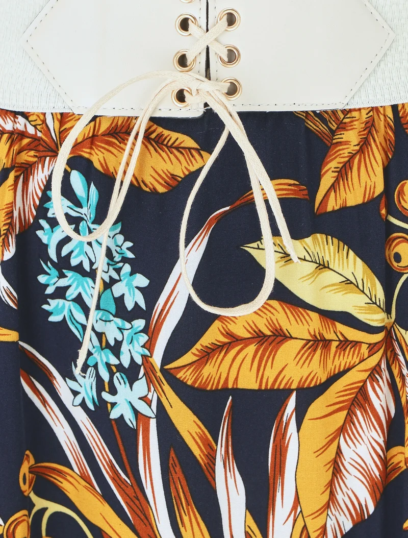 Jupe longue élastiquée à imprimé tropical - Marine