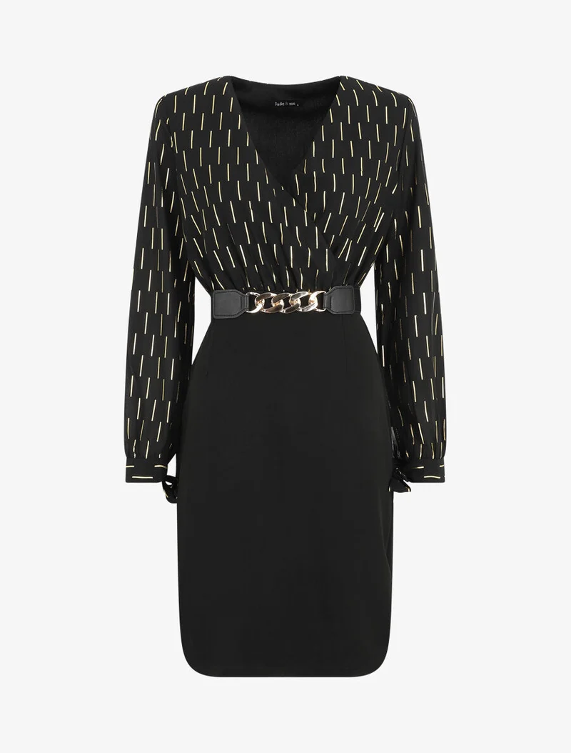 Robe mi-longue à imprimé dorés - Noir