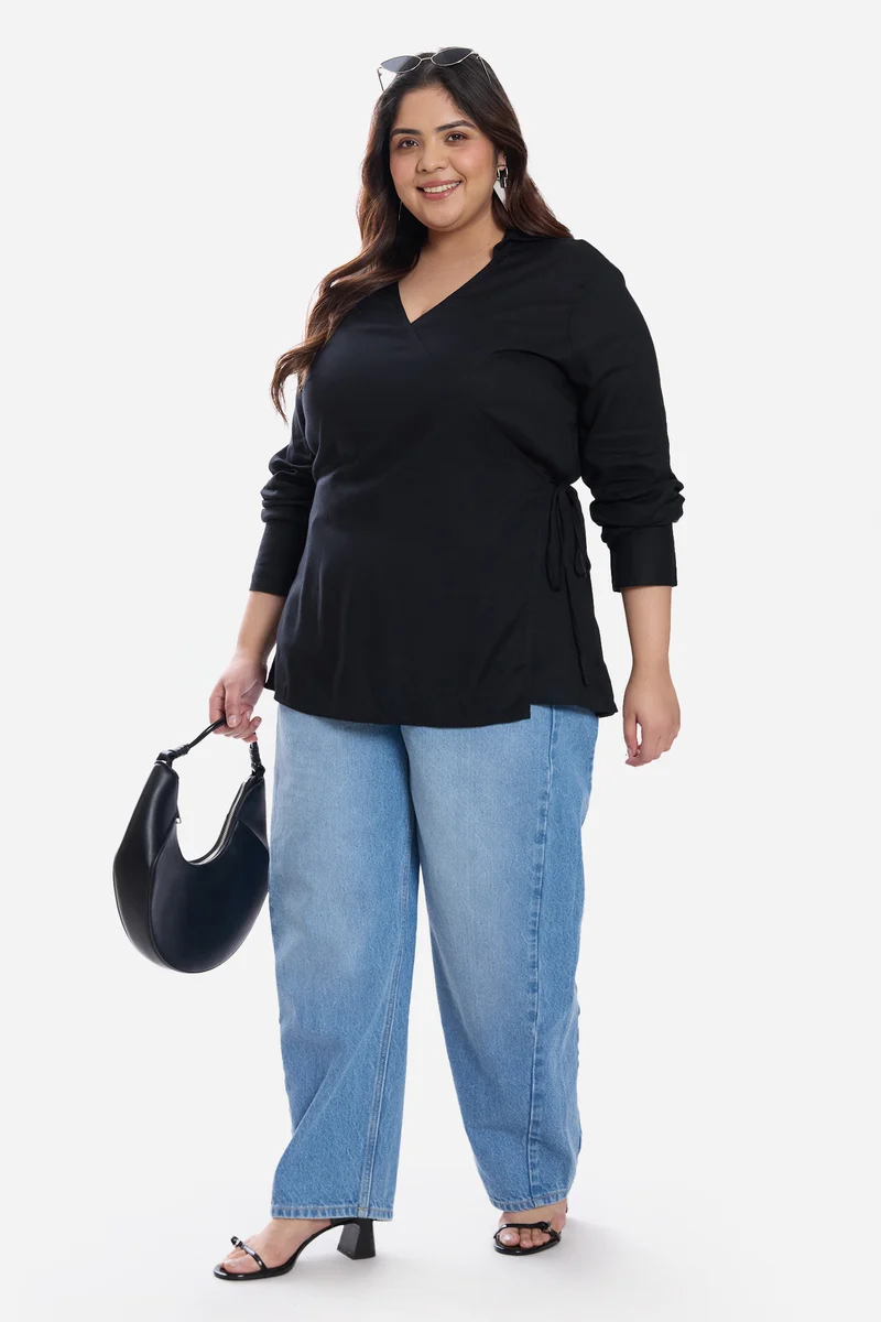 Aziza|Viscose Collared Tie Front Shirt
