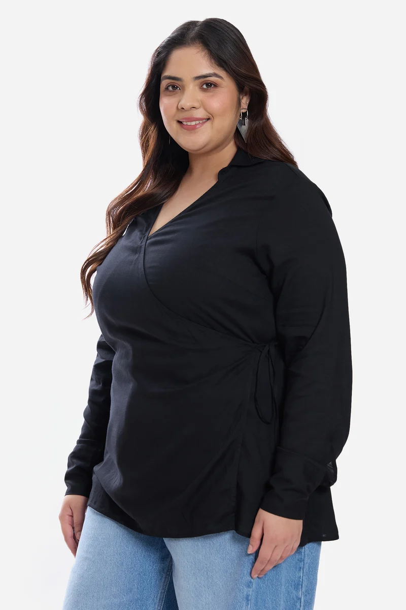 Aziza|Viscose Collared Tie Front Shirt