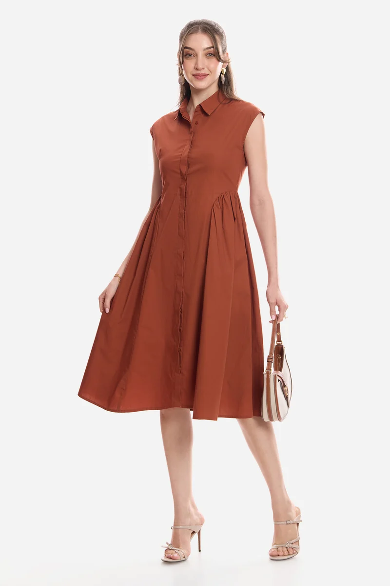 Lhakpa|100% Cotton Gathered Shirt Midi Dress