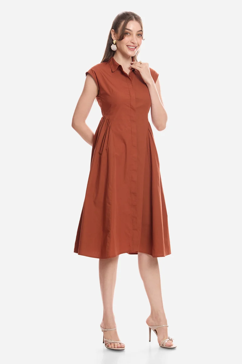 Lhakpa|100% Cotton Gathered Shirt Midi Dress