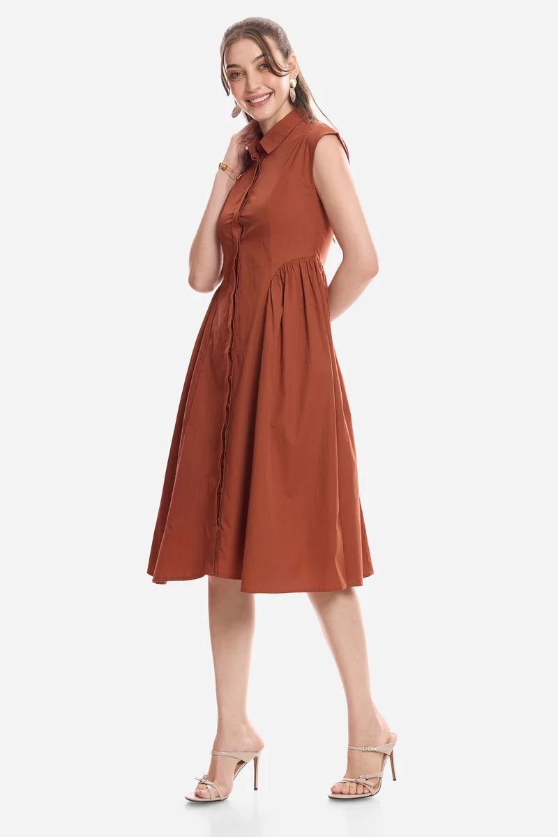 Lhakpa|100% Cotton Gathered Shirt Midi Dress