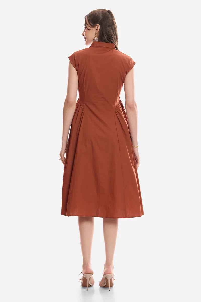Lhakpa|100% Cotton Gathered Shirt Midi Dress
