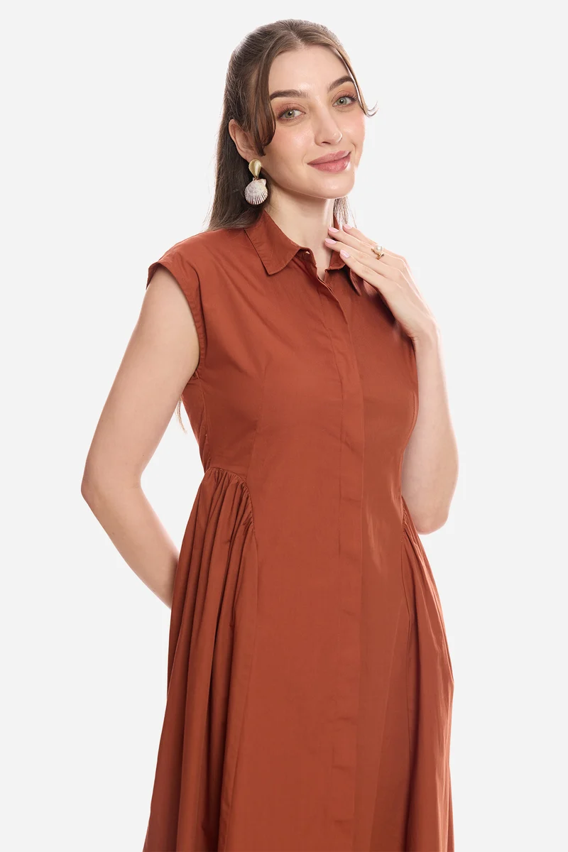 Lhakpa|100% Cotton Gathered Shirt Midi Dress