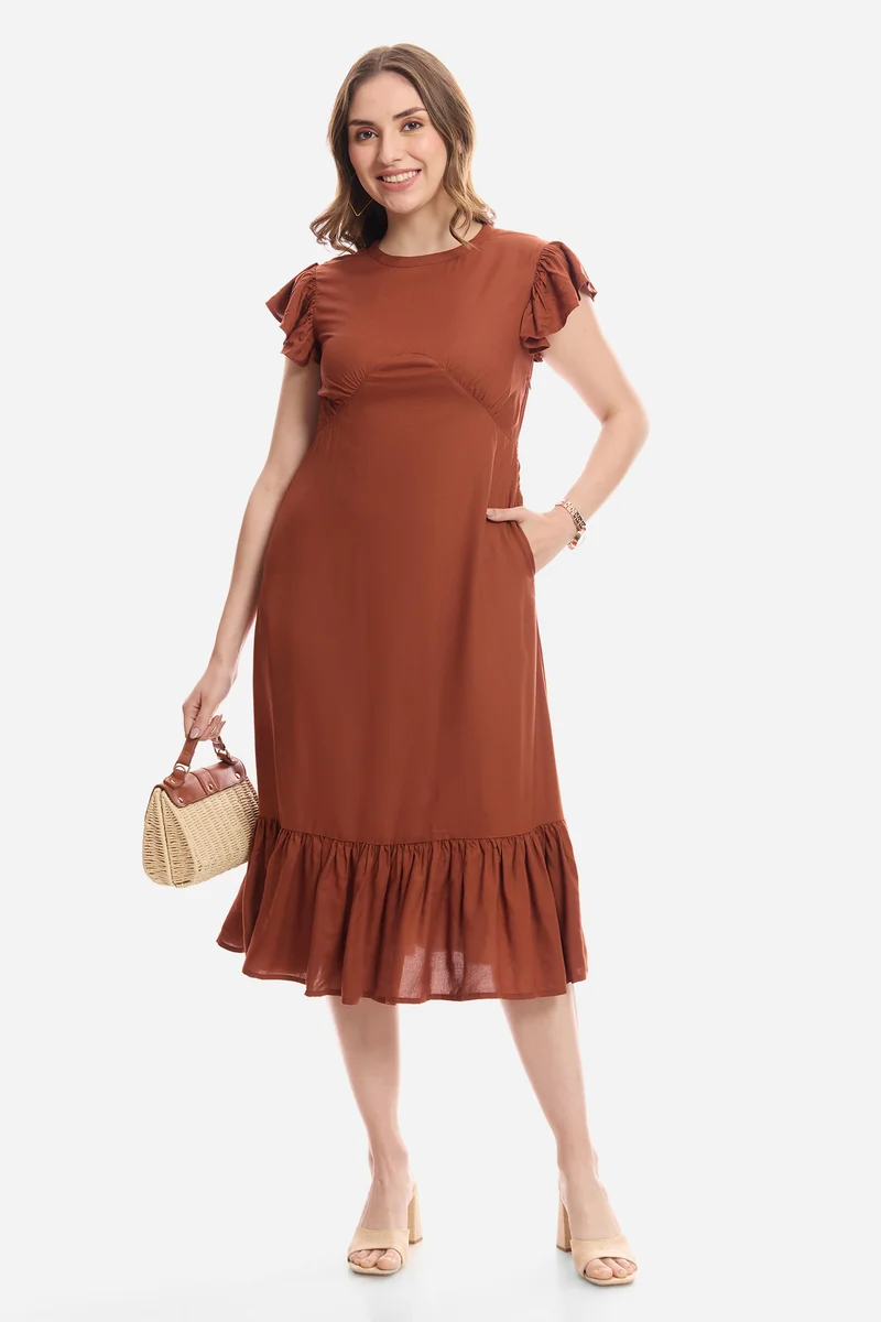 Faina|100% Viscose Flutter Sleeve Midi Dress