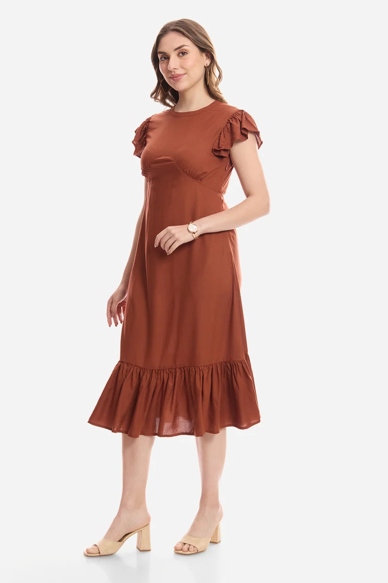 Faina|100% Viscose Flutter Sleeve Midi Dress