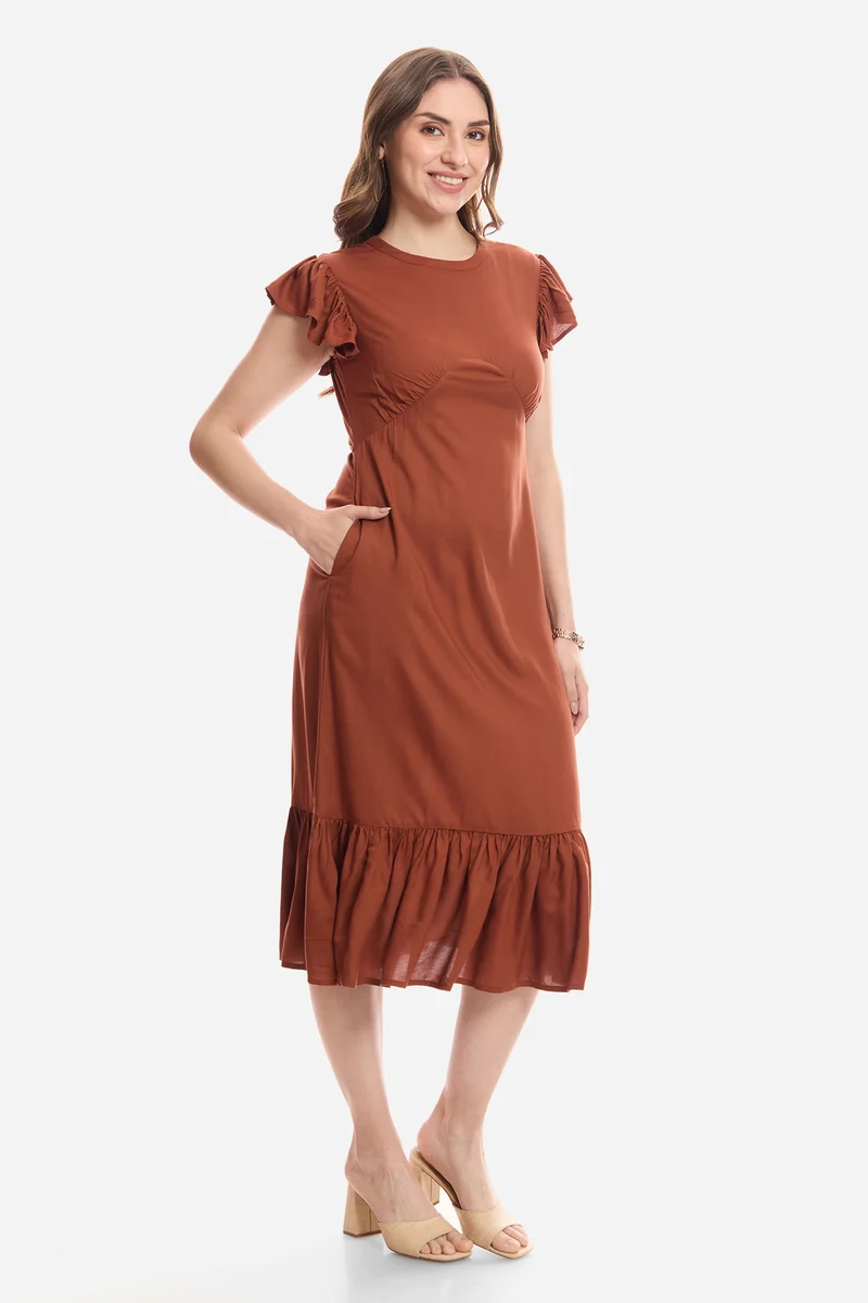 Faina|100% Viscose Flutter Sleeve Midi Dress