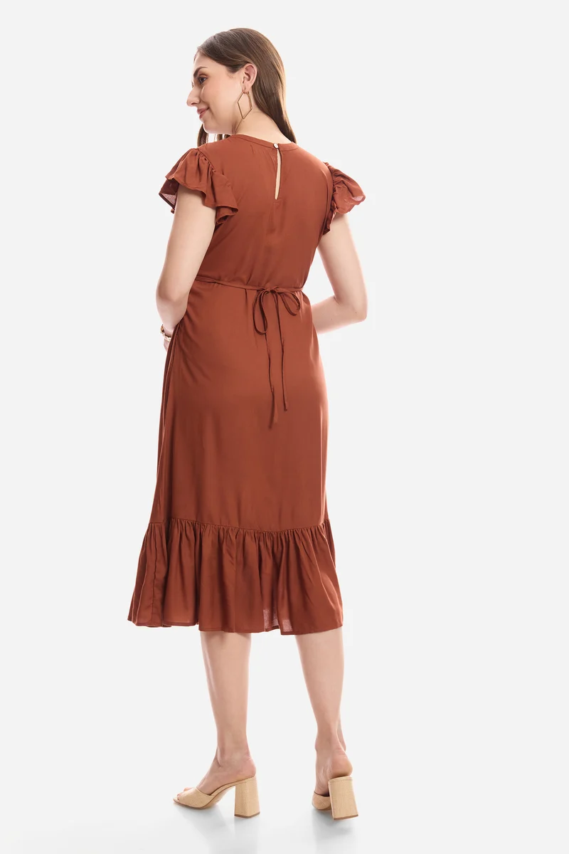 Faina|100% Viscose Flutter Sleeve Midi Dress