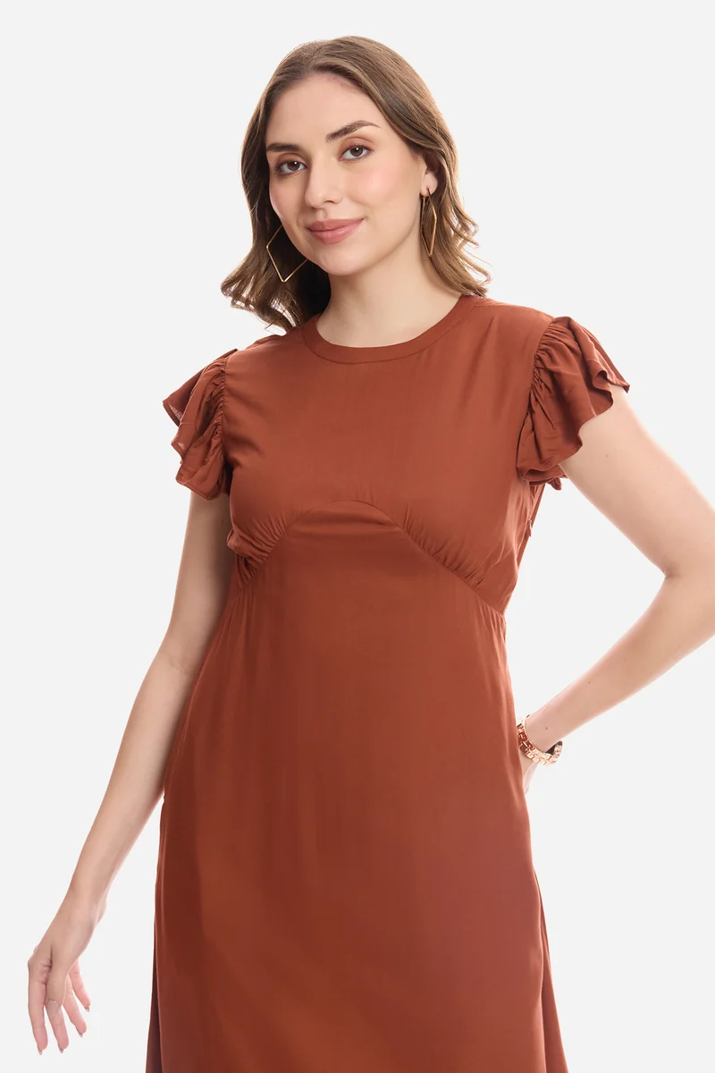 Faina|100% Viscose Flutter Sleeve Midi Dress